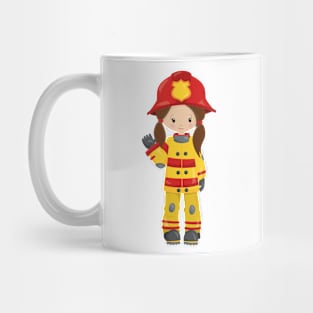 Girl Fireman, Female Firefighter, Brown Hair Mug